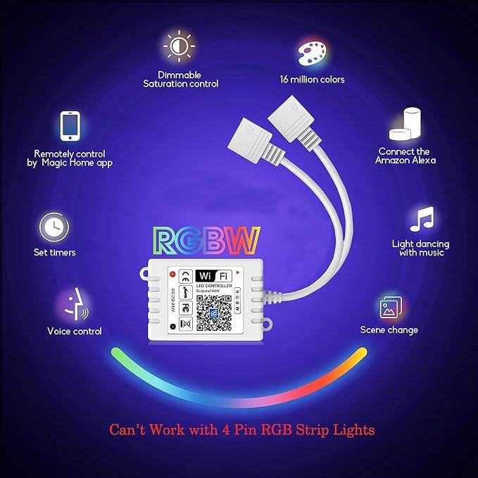 GIDEALED Smart WiFi RGBW LED Controller 2-Output 5 Pin with 24-Key Remote,Compatible with Alexa&Google Assistant,Voice/APP Control Strip Lights for Android/iOS System(WiFi LED Controller Only)