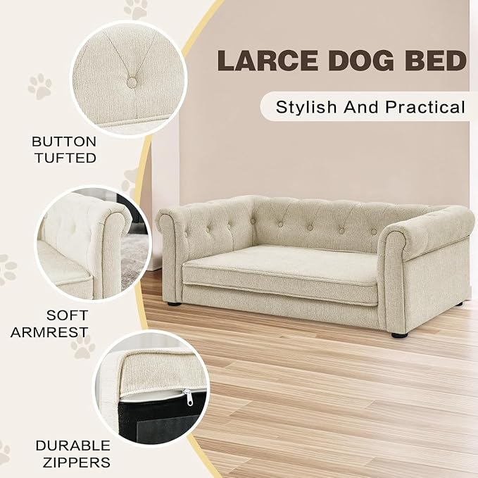 Dog Sofa Couch for Medium Dogs, 39" Memory Foam Pet Couch with Washable Fabric Removable Cushion, Sofa Bed for Medium Dogs, Beige Grey