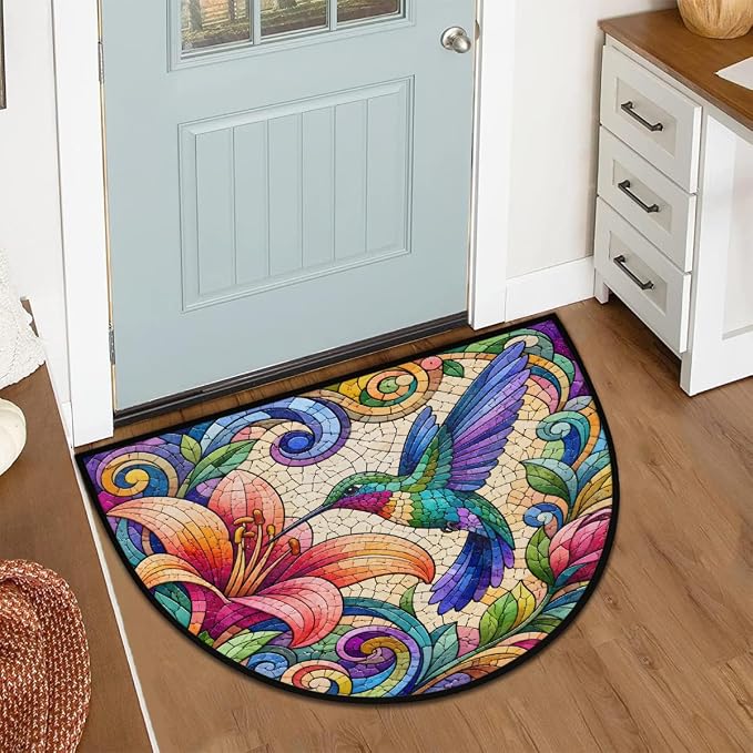 Bird Half Round Door Mat Non Slip Half Circle Rugs | Colorful Floral Washable Half Moon Rug Semi Circle Rugs Indoor Entrance Floor Carpet for Kithen Bedroom Fireplace Decor