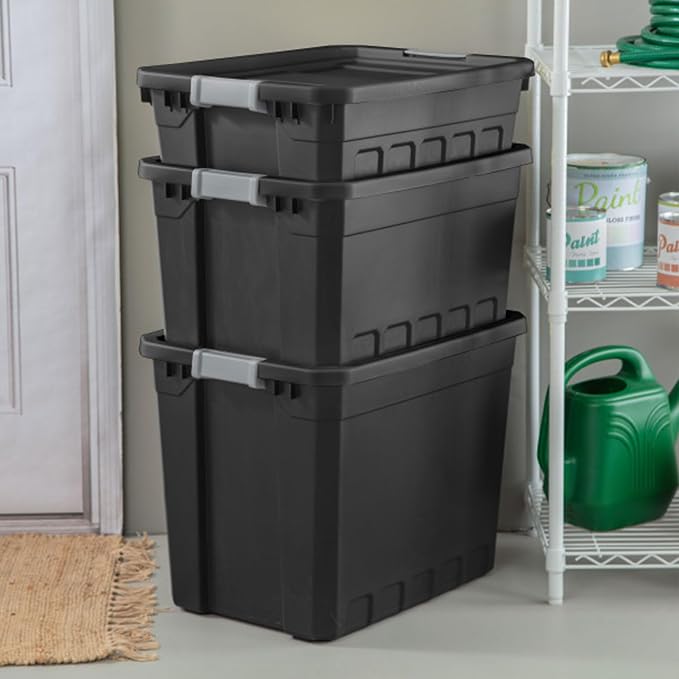 Sterilite Stacker Tote with Latching Lids for Garage, 19 Gallon, 12-Pack | Heavy-Duty and Stackable Plastic Boxes and Containers for Home, Desk, Cabinet, Dorm, Basement, or Utility Organization