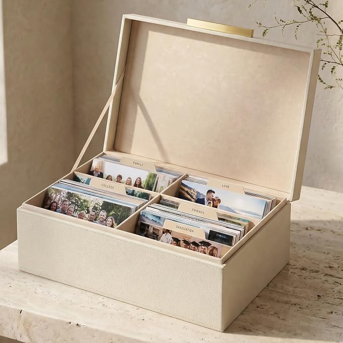 ZICOTO Decorative Photo Storage Box - Sturdy PU Leather Photo Organizer with Dividers is Perfect to Store Up to 1200 Pictures and 4x6 Photos - Portable Scrapbook Storage Containers with Lid