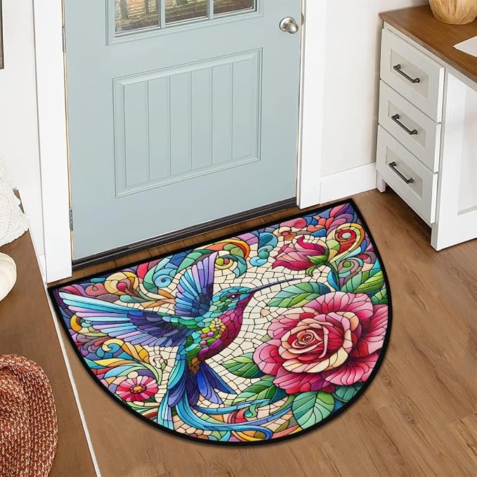 Rose Half Round Door Mat Non Slip Half Circle Rugs | Flower Bird Washable Half Moon Rug Semi Circle Rugs Indoor Entrance Floor Carpet for Kithen Bedroom Fireplace Decor
