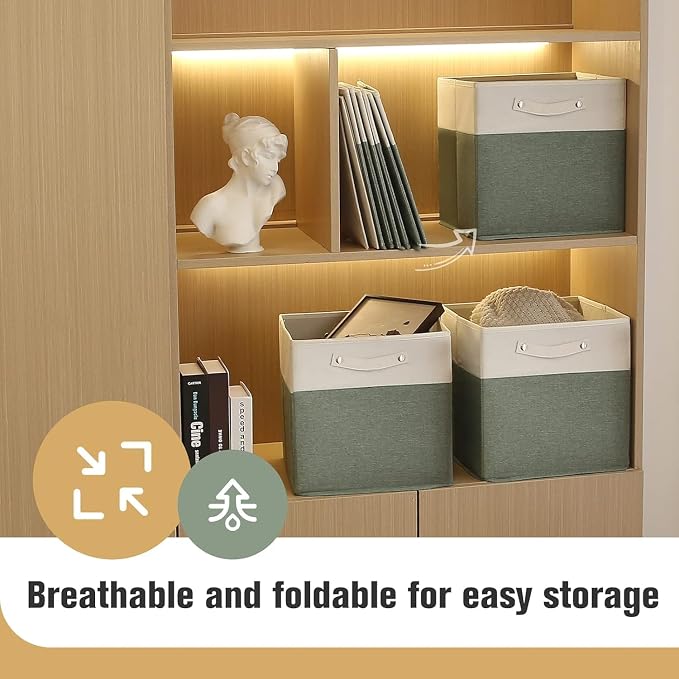 FinishingBo 13x13x13 Storage Cube Bins 6 Pack, Cube Shelf Baskets | Foldable Storage Cubes, Linen Storage Bins with Handles, Closet Organizers, White/Green