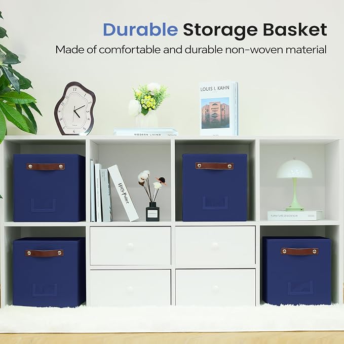 FinishingBo 10.5" x 11" Storage Bins with Labels 6 Pack | PU Leather Handles, Foldable Storage Cubes, Storage Baskets, Closet Storage, Blue