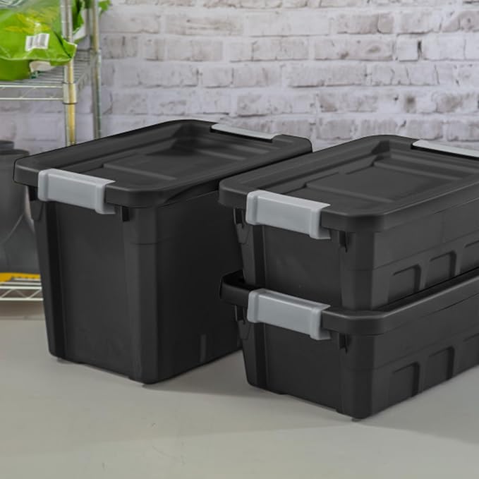 Sterilite Stacker Tote with Latching Lids for Garage, 4 Gallon, 12-Pack | Heavy-Duty and Stackable Plastic Boxes and Containers for Home, Desk, Cabinet, Dorm, Basement, or Utility Organization
