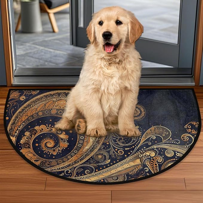 Gold Vintage Paisley Half Round Door Mat Non-Slip Semi Circle Rug Washable Half Moon Floor Rug Absorbent Bathroom Area Rugs for Outdoor Indoor Fireplace Mat Entryway Kitchen Decor Rugs