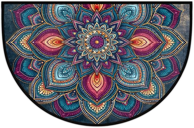 Mandala Half Round Door Mat Semi Moon Rug Fireplace Carpet Area Rugs | Abstract Geometric Non Slip Absorbent Half Circle Mat Carpet for Indoor Outdoor Patio Kitchen Bathroom Entryway Home Decor