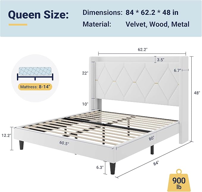 Allewie Queen Bed Frame with Storage Headboard & Charging Station | Diamond Tufted Design & Gold Trim, Velvet Upholstered Platform Bed, No Box Spring Needed, Easy Assembly, Noise-Free, White