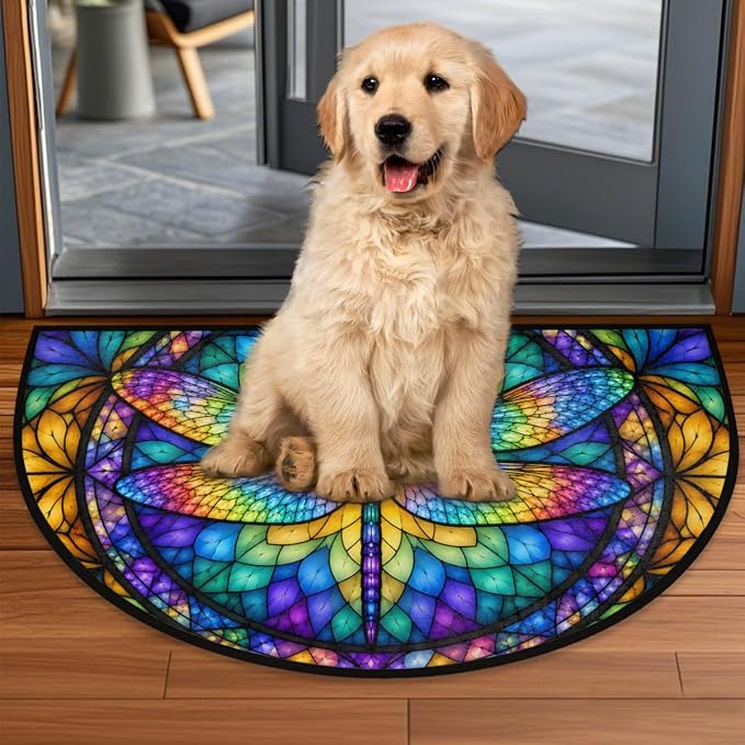 Dragonfly Half Round Door Mat Outdoor Doormat Bedroom Entrance Rug A6 | Dragonfly Colored Glass Painting Semi Moon Door Mat Non-Slip Absorbent Kitchen Rug Indoor Welcome Bath Mat 36" X 24"