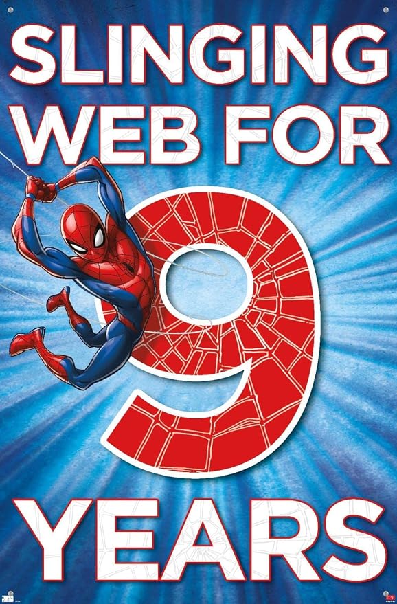 Trends International Marvel Spider-Man - Happy 9th Birthday Wall Poster, 22.37" x 34.00", Premium Poster & Push Pin Bundle