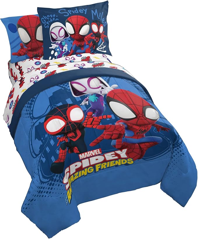 Marvel Spidey and Friends Full Size Comforter Set 7 Piece Bedding, Blue | Ghost-Spider, Bed in a Bag, Comforter Sheets Shams Pillowcases, Official Brand, Soft Microfiber, Machine Washable, Kids Gift