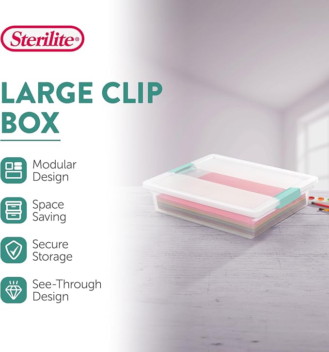 Sterilite Clip Box, Stackable Clear Plastic Bins- Large, 6-Pack | Storage Containers with Latching Lids for Writing, Arts or Crafts Supplies - Home, Office, Classroom & Workshop Organization