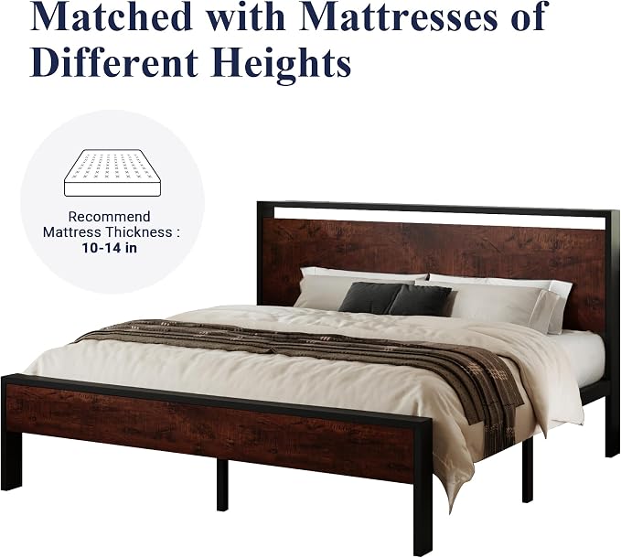 Allewie King Size Bed Frame, Heavy Duty 12 Metal Slats Support, Mahogany | Wooden Headboard and Footboard, Modern Platform Bed, No Box Spring Needed, Under-Bed Storage, Noise Free, Easy Assembly
