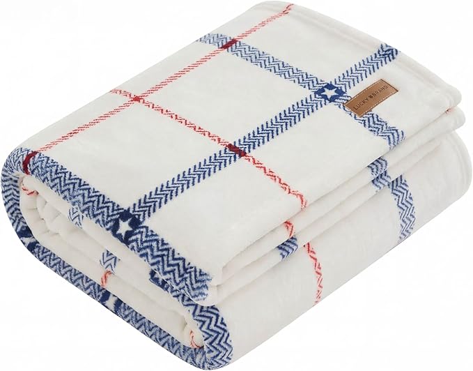 Lucky Brand 50" x 70" Plush Throw Blanket, Ditsy Star Plaid White Blanket for Sofa or Bed