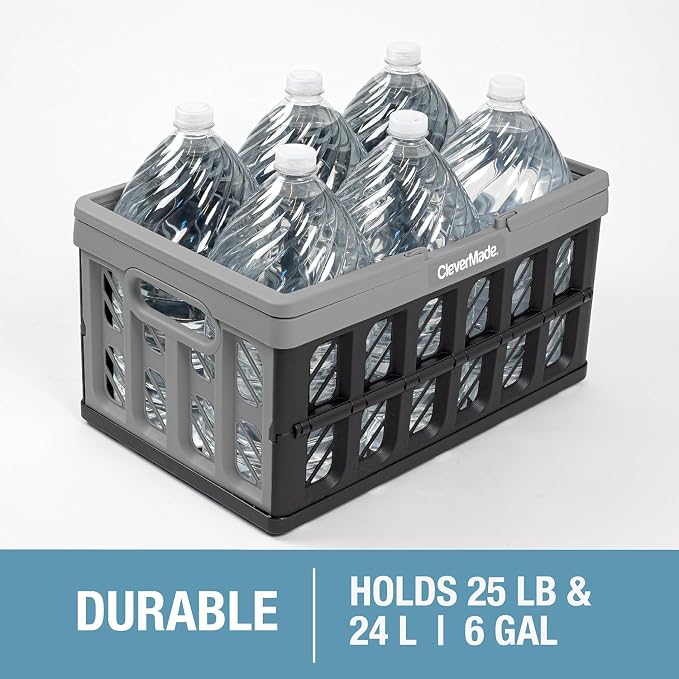 CleverMade Collapsible Shopping Basket, 24L, 3 Pack, Stone | Rigid walls protect groceries and supplies. Each basket carries 25 lb, stacks securely, and folds to 2.25 inches.