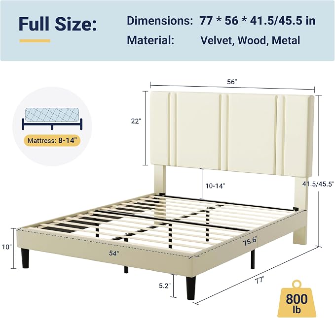 Allewie Full Size Platform Bed Frame with Adjustable Headboard | Plush Velvet Upholstered, Vertical Channel Tufted, Sturdy Wood Slats, No Box Spring Needed, Easy Assembly, Cream