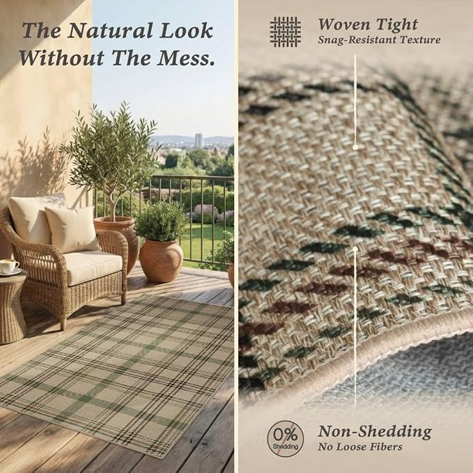 JTJ Plaid Easy Jute 2x6 Runner Rug, Washable Outdoor Runner Rug for Kitchen, Entryway and Front Door, Indoor Outdoor Farmhouse Non Slip Hallway Rug, Green