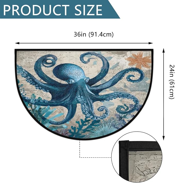 Octopus Half Round Doormat Semi Circle Rug Half Moon Rug Entryway Mat | Octopus Vintage Washable Non Slip Outdoor Floor Rug Kitchen Mat for Indoor Outdoor Bathroom Fireplace Bath Decor