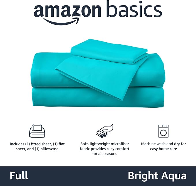 Amazon Basics Kid's Breathable Soft Microfiber 4-Piece Sheet Set, Easy-Wash, Full, Bright Aqua, Solid