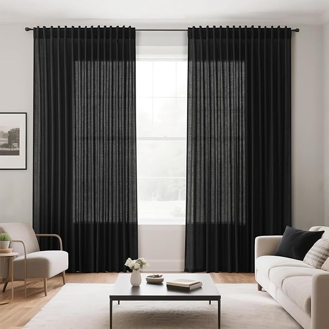 Nanspring Extra Long Black Curtain 102 inches Long 2 Panels Set for Living Room Back Tab Modern Farmhouse Muslin Look Decor Cotton Textured Sheer Linen Curtains 102 inch Length for Large Window