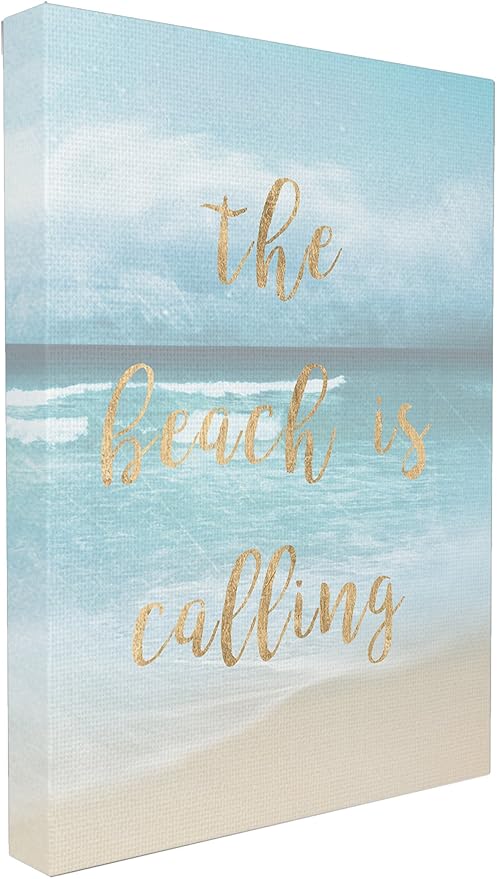 Stupell Home Décor The Beach Is Calling Gold Typography Stretched Canvas Wall Art, 16 x 1.5 x 20, Proudly Made in USA