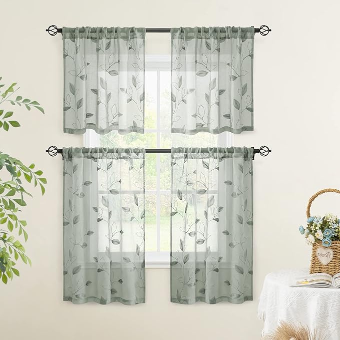 HOMEIDEAS Sage Green Sheer Kitchen Curtains 30 X 24 Inch Length 2 Panels - Image 5