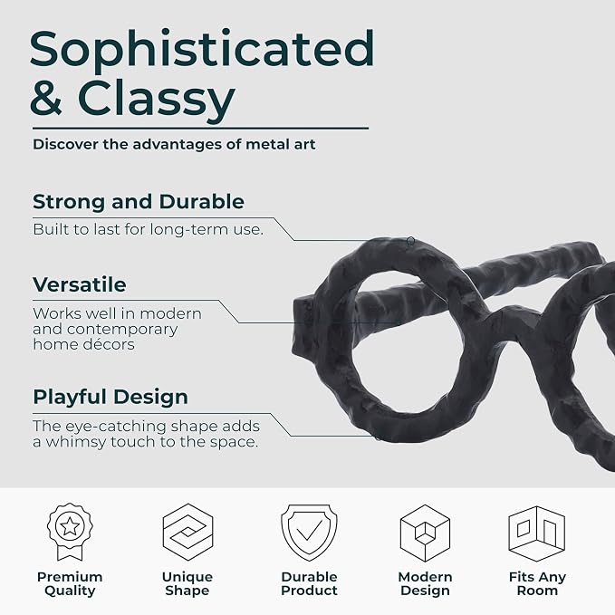 Modern Decorative Glasses Sculpture Figurine for Office Shelf Decor - Home and Bathroom Accent for Desk Display - Living Room Ornament Statue for Coffee Table Styling in Spaces - 3", Black