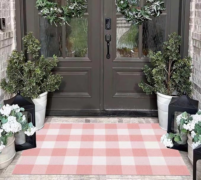 Buffalo Plaid Outdoor Rug 27.5''X 43.3' Pink White Checked Porch Rug Cotton Woven Washable Rug Layering Doormat for Welcome Door Mat Entryway Dining Room Bedroom Living Room