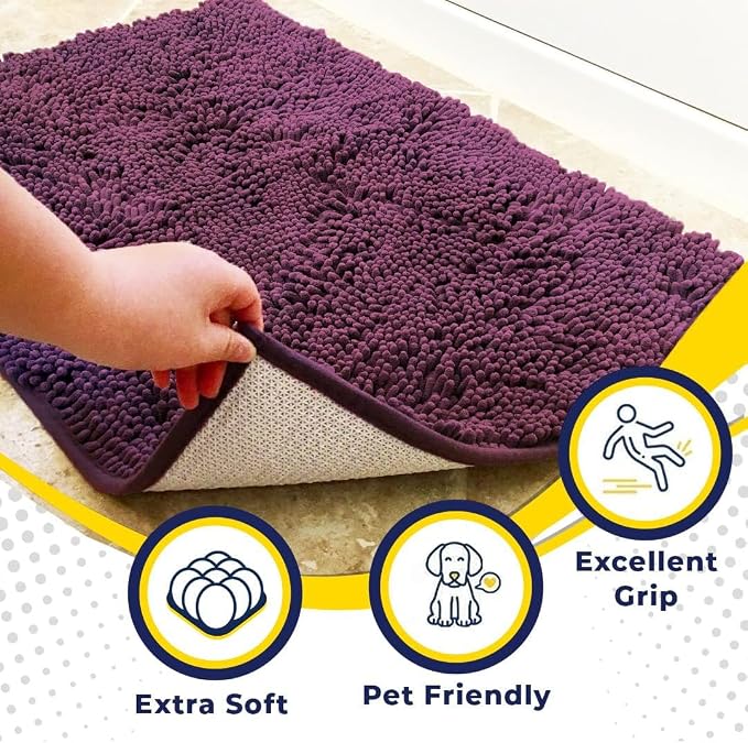 Muddy Mat® | Super Water Absorbent Door Mat Indoor, Microfiber Quick Dry Chenille Entryway Rug,Slip Resistant Front Door Mat,Indoor Mats for Entryway,Machine Washable Pet Rug, Dark Purple 32" x 70"