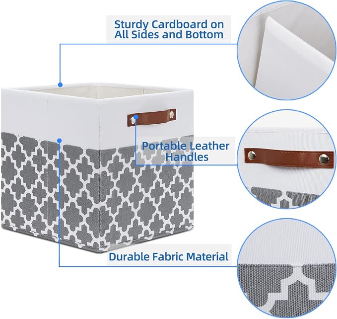 Temary 12x12x12 Fabric Storage Bins 4 Pack with Leather Handle, Foldable Cubes Storage Box Baskets for Closet, Shelf (White&Lattice)