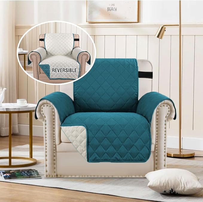 H.VERSAILTEX Water Resistant Chair Sofa Covers for Living Room Reversible Couch Covers for Chair Sofa Non Slip Furniture Protector Chair Cover Seat Width Up to 21"(Armchair, Dark Teal/Beige)