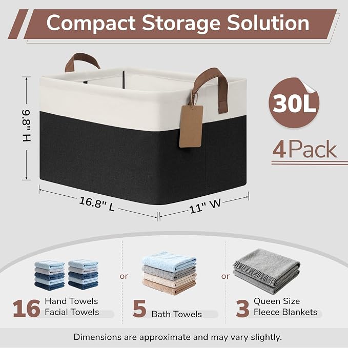 CHICVITA 4 Pack Large Fabric Storage Baskets with Handles, Black & White | 16.8 × 11 × 9.8 in, Collapsible Design, Metal Frame, Closet & Shelf Organization, Toys, Blankets, Clothes & Linens Storage