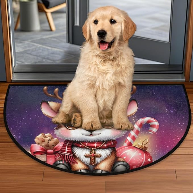 Christmas Half Round Doormat Non-Slip Semi Circle Rug Half Moon Mat | Deer Xmas Washable Soft Absorbent Indoor Outdoor Entrance Kitchen Bathroom Sink Patio Welcome Fireplace Floor Rug
