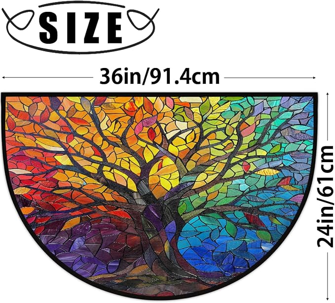 Tree Half Round Doormat Non-Slip Semi Circle Rug Half Moon Mat | Color Stained Glass Washable Soft Absorbent Indoor Outdoor Entrance Kitchen Bathroom Sink Patio Welcome Fireplace Floor Rug