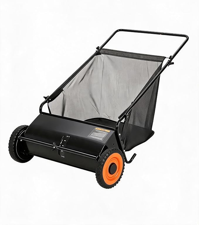 26-Inch Push Lawn Sweeper, 7 Cu. Ft. Hopper Capacity Leaf & Grass Collector | 4 Spinning Brushes, Adjustable Brush Height, Heavy Duty Steel Frame, Manual Yard Sweeper for Leaves & Grass Clippings, Black