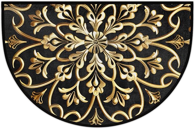 Golden Mandala Half Round Door Mat Semi Moon Rug Fireplace Carpet Area Rugs | Mandala Ethnic Non Slip Absorbent Half Circle Mat Carpet for Indoor Outdoor Patio Kitchen Bathroom Entryway Home Decor