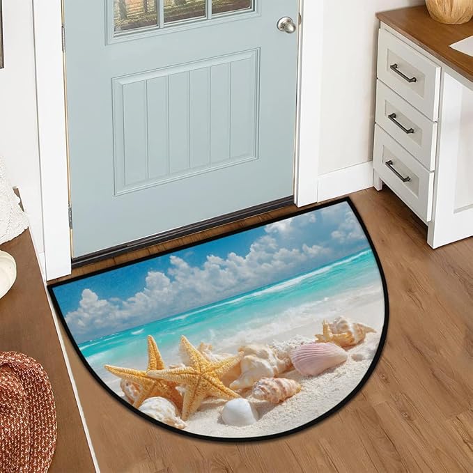 Beach Starfish Half Round Door Mat Welcome Entrance Mat Bath Bathroom Rug | Beach Starfish Welcome Entrance Mat Anti-Slip Half Moon Bath Mat Semi Circle Rug Indoor Outdoor Kitchen Rug