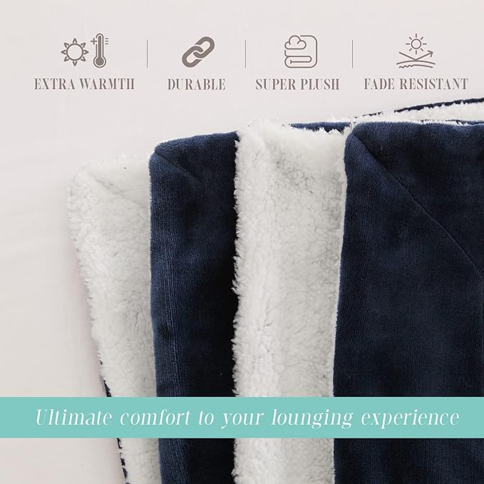 Elegant Comfort Throw Blanket, Reversible Sherpa Flannel, Ultra-Soft, Fuzzy, Cozy and Plush- All Season Lightweight Decorative Throw, 50 x 60 inches, Solid Sherpa Throw, Navy Blue