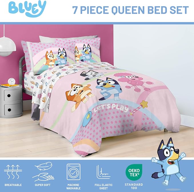 Bluey Bingo Queen Comforter Set 7 Piece Kids Bedding for Girls, Pink | Bed in a Bag, Comforter Sheets Shams Pillowcases, Official Brand, Soft Microfiber, Machine Washable, Girls Gift