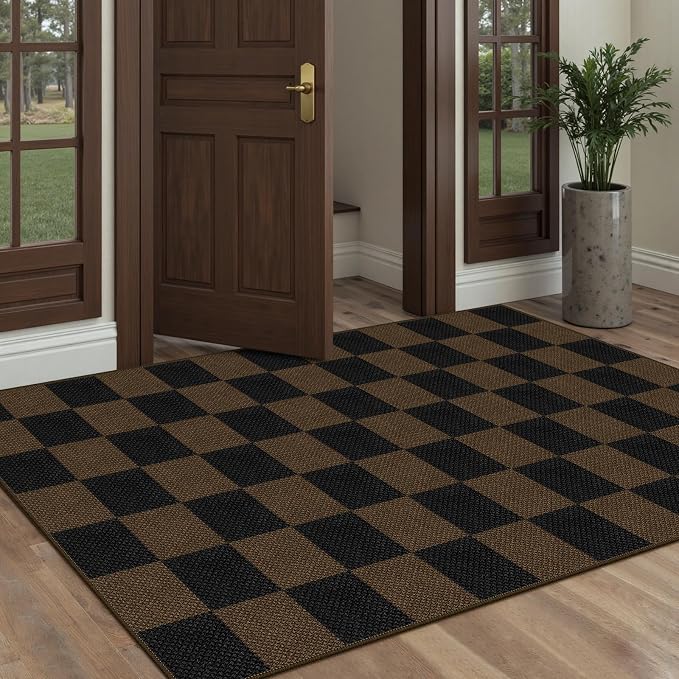 Rugalia Easy Jute Checkered Area Rug, 3x5 Indoor Outdoor Entryway Rug Washable Coffee Checkerboard Kitchen Rugs, Non-Slip Modern Farmhouse Throw Carpet for Living Room Patio Kids Room