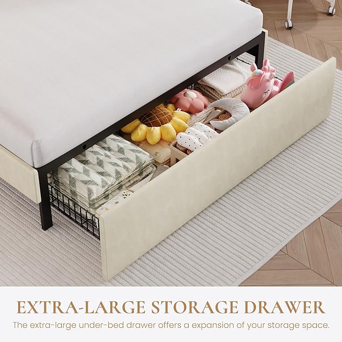 SHA CERLIN Queen Size Bed Frame with LED Lights and Storage Drawer, Cream | Upholstered Velvet Platform Bed with Adjuatable Wavy Headboard, Noise-Free, Easy Assembly,No Box Spring Needed
