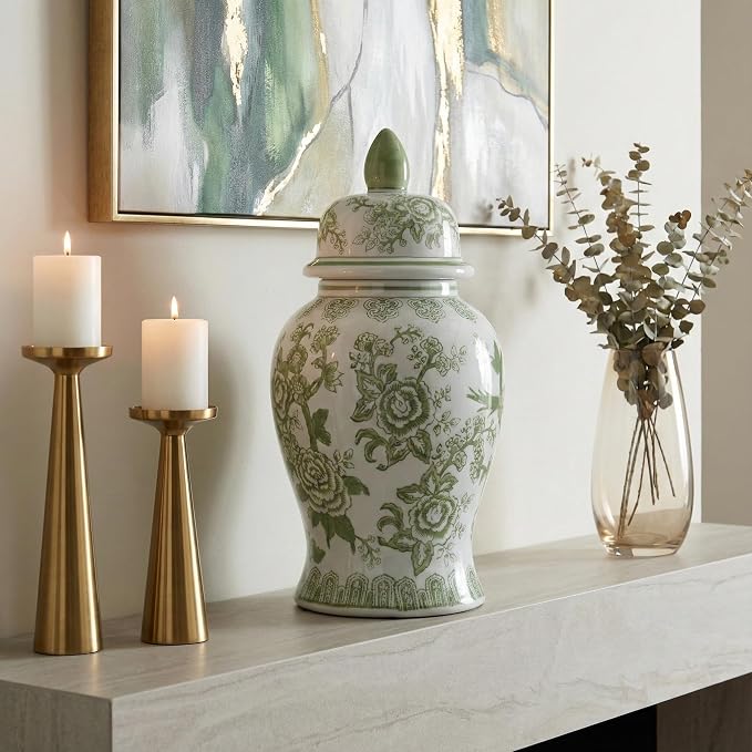 Temple Decorative Jar with Lid – Chinoiserie Ceramic Decorative Stoneware for Home Decor – Modern Centerpiece for Living Room, Bedroom & Office – 14.25", Green & White