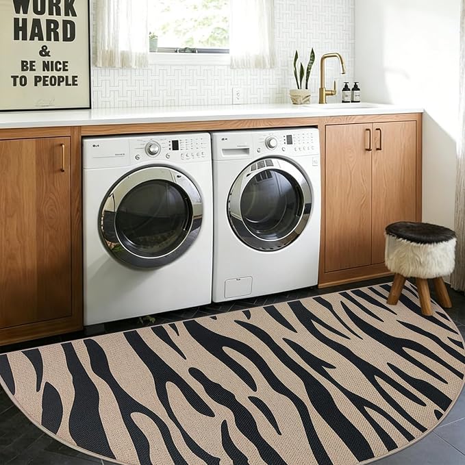 Faux Jute Rug 3x6Ft Half Circle Zebra Stripe Doormat Easy Jute Carpet for Farmhouse Bedroom Kitchen, Non-Slip Half Round Floor Mat for Living Room Kids Room Indoor Outdoor Decor, Black 6