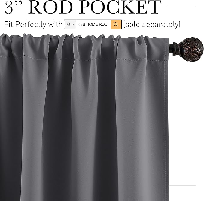 RYB HOME Cafe Blackout Curtains 24 inch Length, RV Curtains for Camper Windows, Mini Short Small Insulating Light UV Heat Blocking Privacy Half Window Tiers, Width 29 by Length 24, Grey, 2 Panels