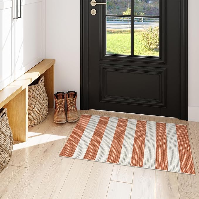 OJIA Front Door Mat 24"x36" Cotton Woven Washable Striped Porch Rug Indoor Outdoor Doormat Small Outdoor Rugs Farmhouse Entry Kitchen Throw Rug for Layered Door Mats (Orange/White/Tan)