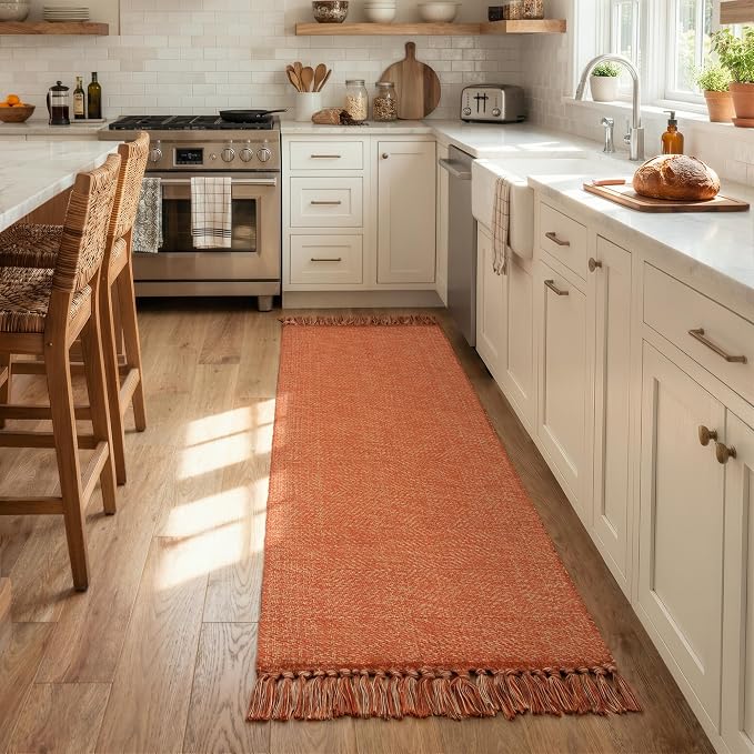 Collive 2' x 6' Kitchen Runner Rug, Modern Farmhouse Washable Bathroom Mat, Hand-Woven Hallway Runner Rugs Reversible Bedroom Carpet for Laundry Entryway Terracotta Fall Decor