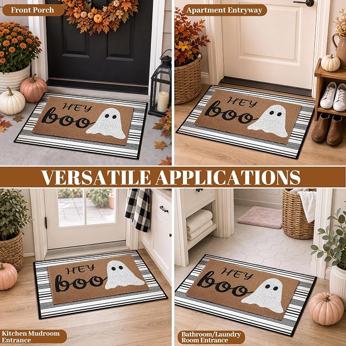 2 Pcs Hey Boo Ghost Halloween Doormats, 16 x 24 in Hey Boo Ghost Door Mat and 24 x 32 in Black White Striped Layering Rug, Fall Porch Decor for Indoor Outdoor Entryway Patio Kitchen Bathroom