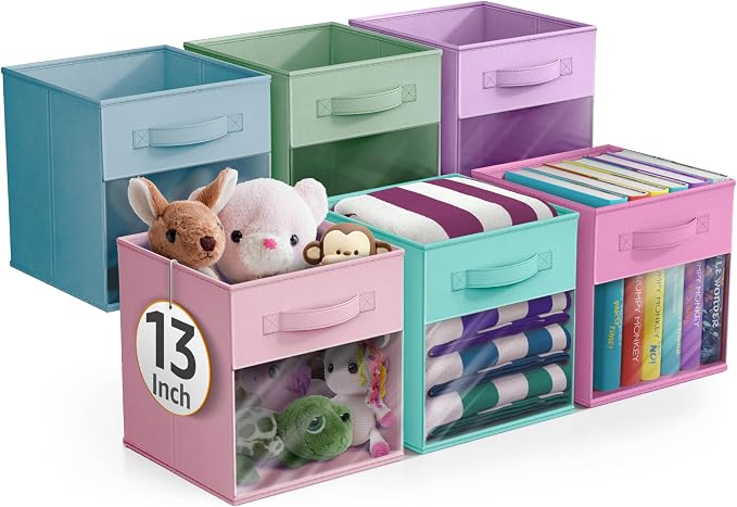 Sorbus 13 Inch Storage Bins with Clear Window - 6 Foldable Baskets for Organizing Clothes, Toys, Books - Sturdy Collapsible Fabric Storage Cubes with Handle - Storage Baskets for Shelves, Closets