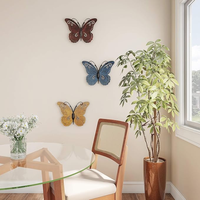 Lavish Home Butterfly Metal Wall Art, 3-Piece-Set | Hand Painted Decorative 3D Butterflies for Rustic Farmhouse Office or Home Decor