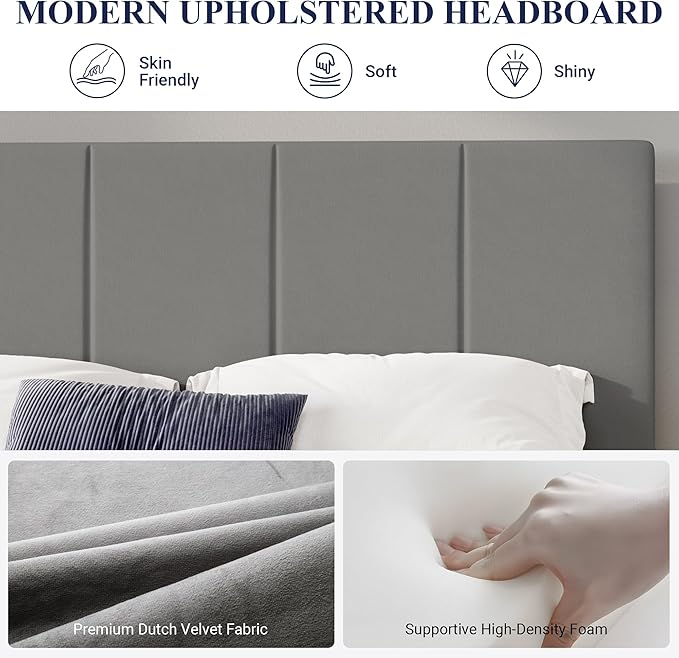 Allewie King Size Dutch Velvet Upholstered Platform Bed Frame/Vertical Channel Tufted Adjustable Headboard/Low Profile Bed Frame/No Box Spring Needed/Easy Assembly/Grey